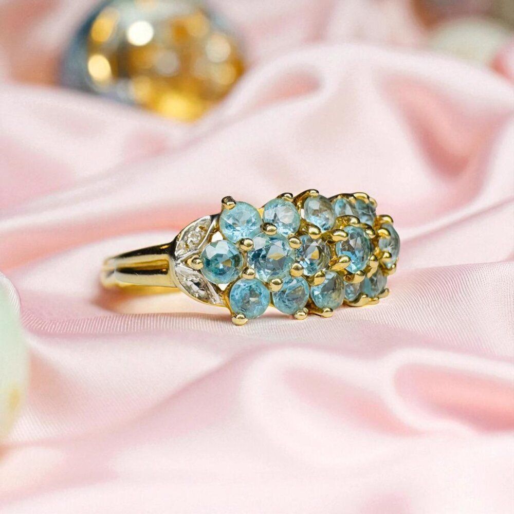 VINTAGE- 10K Gold Swiss Blue Topaz & Diamond Ring- 1.5CT T.W. -Size 7- 2.2g - Picture 15 of 16
